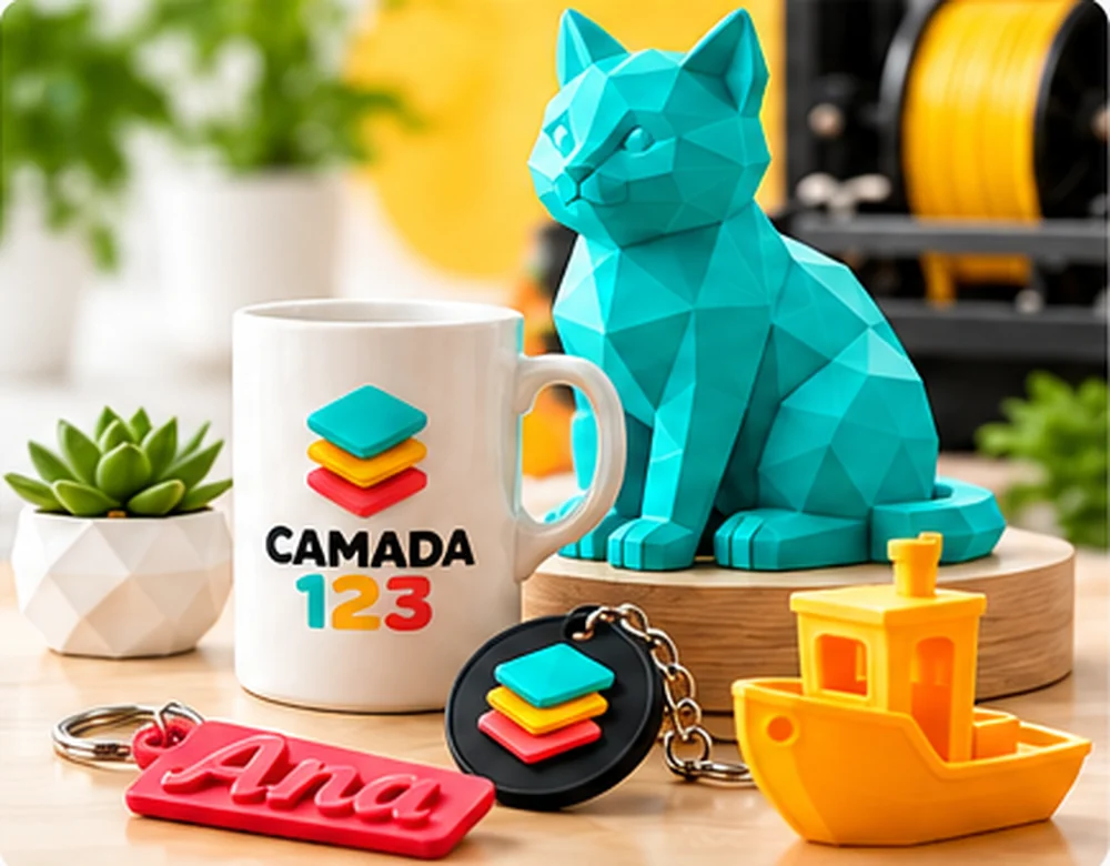 Exemplos ilustrativos de impressões 3D, incluindo objetos decorativos e presentes
