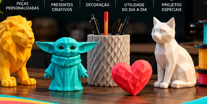 Ilustração de peças, suportes e objetos impressos em 3D